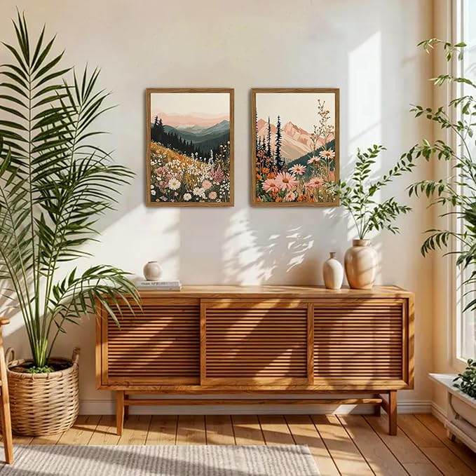 Framed Boho Colorful Wildflower Landscape Wall Art Set of 3, Vintage Floral Mountain Wall Decor Paintings, Nature Flower Pictures Canvas Prints for Living Room Bedroom Office 16x24 inch