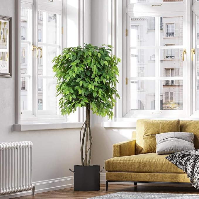 Faux Ficus Tree 5ft(60in) Artificial Floor Plant for Indoor Decor Realistic Potted Tree with Texture Silk Leaves and Natural Wood Trunk for Home Living Room,Office Perfect Housewarming Gift