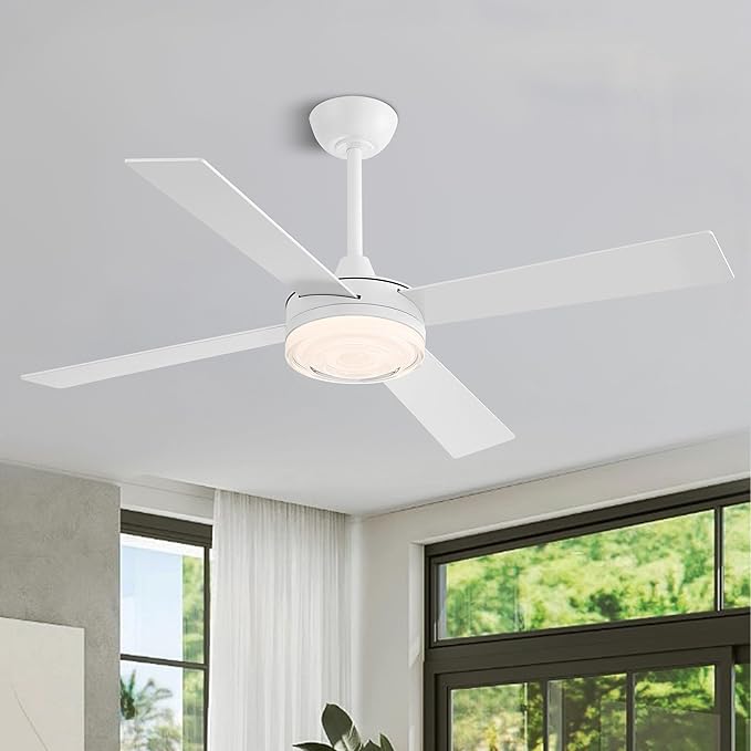 WINGBO 52 Inch Ceiling Fan with Lights and Remote, 3CCT, Modern Ceiling Fan with Ripple Glass Shade, 6-Speed Reversible DC Motor for Bedroom Living Room Kitchen Hallway, Gloss White