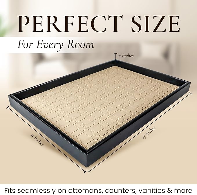 Solvane Wooden Serving Tray in Black – 15x11in Rectangular Ottoman & Coffee Table Tray, Decorative Wood Tray with PU Leather Base for Living Room, Kitchen, Bathroom & Vanity