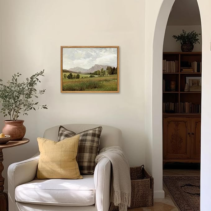 KBKBART Framed Vintage Landscape Wall Art Prints, Retro Muted Green Forest Valley Nature Wilderness Canvas Painting, Farmhouse Decor Wall Art for Bedroom, Bathroom,Vintage Wall Decor(8"x10")