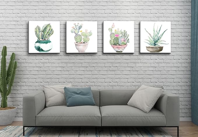 Succulent Bathroom Decor Cactus Canvas Wall Art, Green Botanical Pictures Print, Watercolor Plant Paintings Artwork for Bedroom Living room Office Decoration - 12" X 12"
