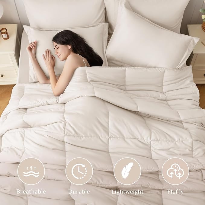 JOLLYVOGUE King Comforter Set, Ultra-Soft Bed in a Bag King Size 7 Pieces, Oeko-TEX Certified Bedding Set with Down Alternative Comforter, Sheets, Pillowcases & Shams, Beige