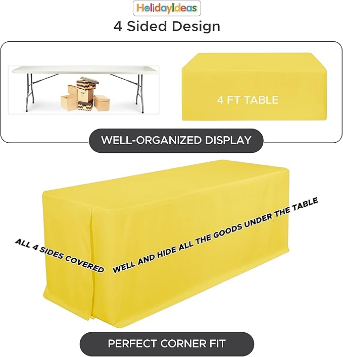 HolidayIdeas Fitted Tablecloths for 8 Foot Rectangle Table, Wrinkle Resistant Washable Table Cover 30x96 Inch for Vendor Booth Display, Banquet, Trade Show, Yellow, 4 Pcs