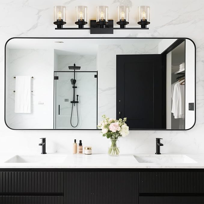 LOUSACE 5 Light Bathroom Vanity Light, Matte Black Bathroom Light Fixtures, Modern Bathroom Lights Over Mirror with Clear Glass Shade, Wall Sconce Lighting for Bedroom Living Room