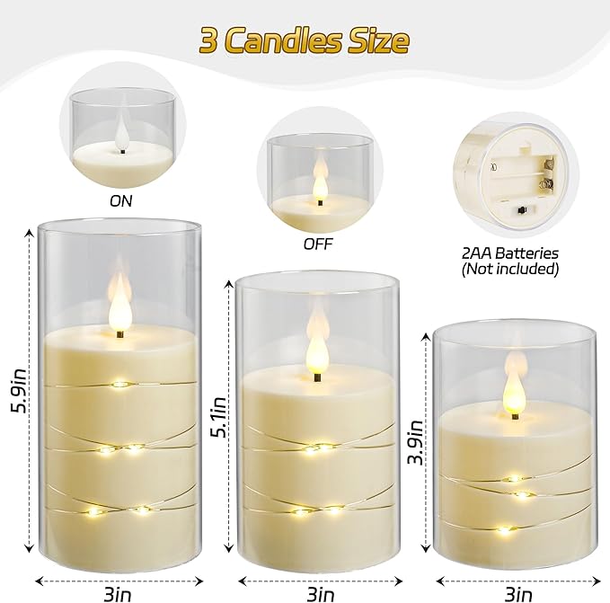 Da by Flickering Flameless Candles with Remote,Acrylic LED Candles with Embedded Star String,Battery Operated Candle, for Home and Holiday Decoration Set of 3（Ivory）