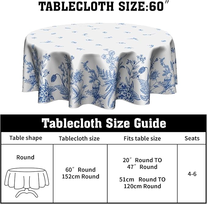 Spring Tablecloth 60 Inch Round Chinoiserie Floral Tablecloths Rustic Vintage Flower Tablecloths Blue Floral Bird Table Cloth Table Cover Spring Decoration for Home Holiday Party Kitchen Dining Picnic