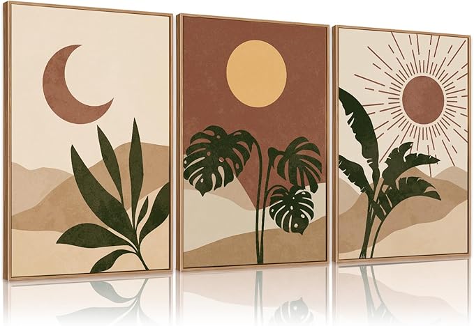 KAIRNE Mid Century Modern Wall Art Set of 3, Boho Sun and Moon Wall Decor, Bohemian Abstract Botanical Wall Painting, Modern Nature Art Prints for Living Room, Bedroom, Office - 16"x24"
