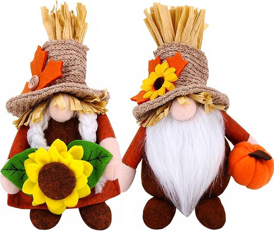 2pcs Fall Gnomes Plush Decorations for Home, Cute Thanksgiving Gnomes Plush Pumpkin Maple Leaves Fall Gnome Set Home Indoor Table Tiered Tray Decor, Thanksgiving Harvest Autumn Holiday Decoration Gift