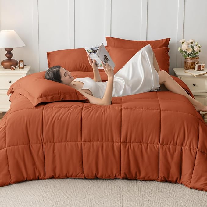 JOLLYVOGUE King Comforter Set, Ultra-Soft Bed in a Bag King Size 7 Pieces, Oeko-TEX Certified Bedding Set with Down Alternative Comforter, Sheets, Pillowcases & Shams, Burnt Orange