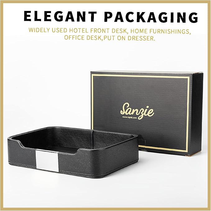 SANZIE Luxury Leather Tray Desktop Storage Catchall Organizer Decorative Tray for Entryway Table to Hold Jewelry Watch Keys Phone Wallet (Metal Silvered, Black)
