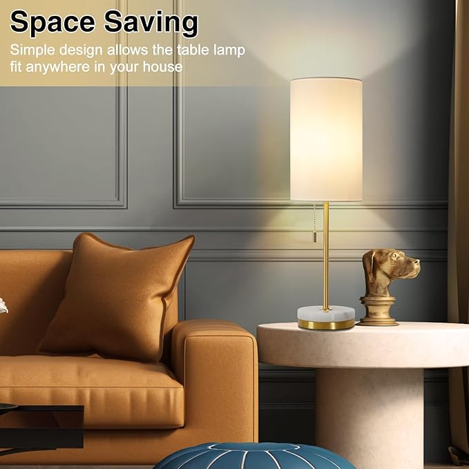 Desk Lamp & Table Lamp Set of 2, Bedside Lamps for Night Stands - Modern Small Table Lamps with Marble Base, Fabric Shade, Mini Pull Chain Bedroom Lamps for Living Room, Office, Reading (Gold)