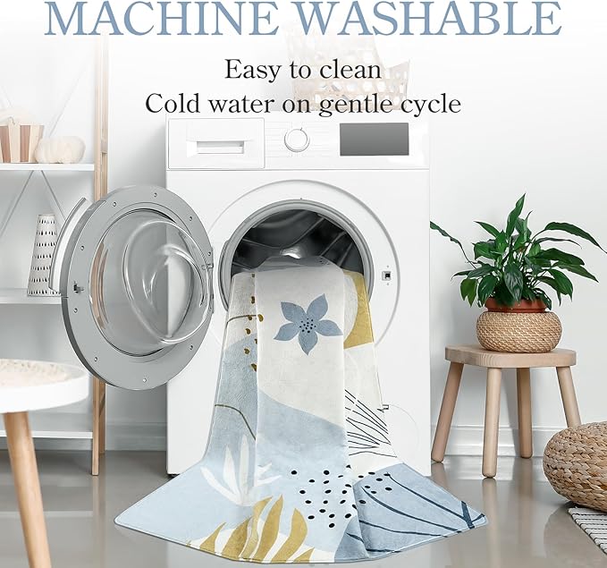 Lahome Boho Rug Runner - 2x4 Area Rug Non-Slip Washable Soft Bathroom Runner Rug Small Throw Long Bath Rug Blue Kitchen Runner, Botanical Print Foor Mats Runner Rug for Bedroom Hallway Laundry Room