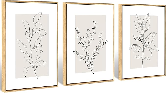 WRFON Neutral Botanical Canvas Wall Art, Minimalist Black Line Flower Poster Prints, Boho Beige Floral Wall Decor, Abstract Plant Leaf Aesthetic Picture for Bedroom Living Room Framed 12"x16"x3
