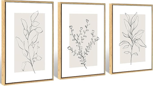 WRFON Neutral Botanical Canvas Wall Art, Minimalist Black Line Flower Poster Prints, Boho Beige Floral Wall Decor, Abstract Plant Leaf Aesthetic Picture for Bedroom Living Room Framed 12"x16"x3