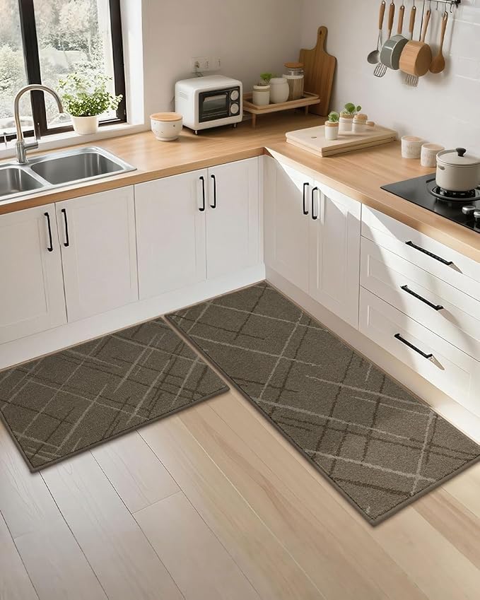 COSY HOMEER Kitchen Mats, 2 PCS Kitchen Rug Non Slip Washable, Absorbent Runner Rugs for Kitchen Floor, Polyester Kitchen Sink Rug 24"x36" + 24"x60"(Brown)