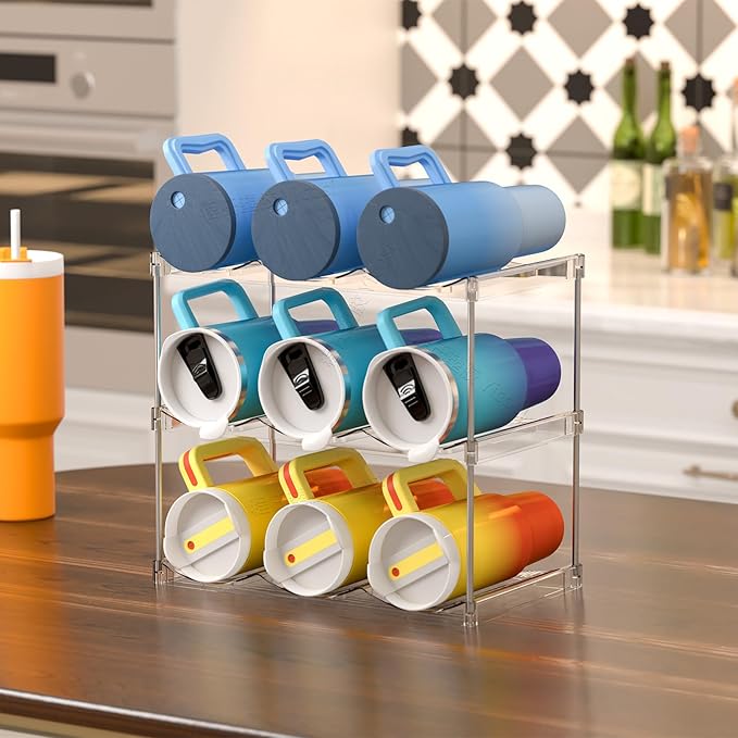 Yieach 2 Tier Stackable Water Bottle Organizer for Kitchen Cabinets,Countertop,Large Compartment Water Bottle Storage Rack for 40oz Yeti,Stanley Cup,Waterbottle and Other Tumbler Organizer,Wine Rack