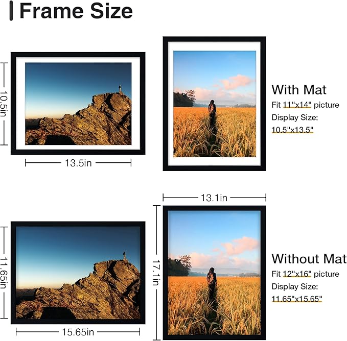 Vittanly 12x16 Picture Frame, Display Poster 11x14 with Mat or 12x16 without Mat, Plexiglass, Wall Gallery Frame for Artwork, Vertical or Horizontal Display, Black, 1 Pack