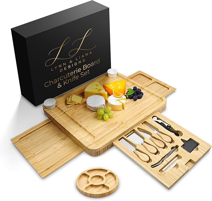 Lynn & Liana Luxury Charcuterie Board with 4-Piece Cheese Knife Set, Corkscrew & Bottle Opener Gift Set, Expandable Bamboo Cheese Board, Wedding Gift, Housewarming, Birthday, Bridal Shower