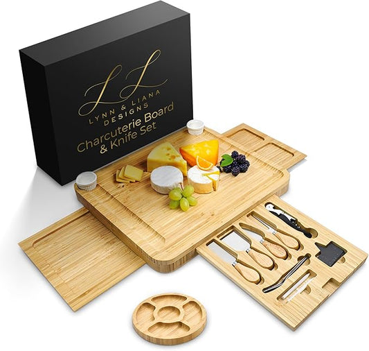 Lynn & Liana Luxury Charcuterie Board with 4-Piece Cheese Knife Set, Corkscrew & Bottle Opener Gift Set, Expandable Bamboo Cheese Board, Wedding Gift, Housewarming, Birthday, Bridal Shower