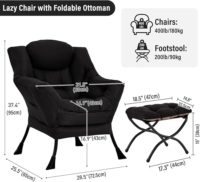 Modern Lazy Chair with Folding Footrest, Lounge Accent & Comfortable Reading Chair (Black)