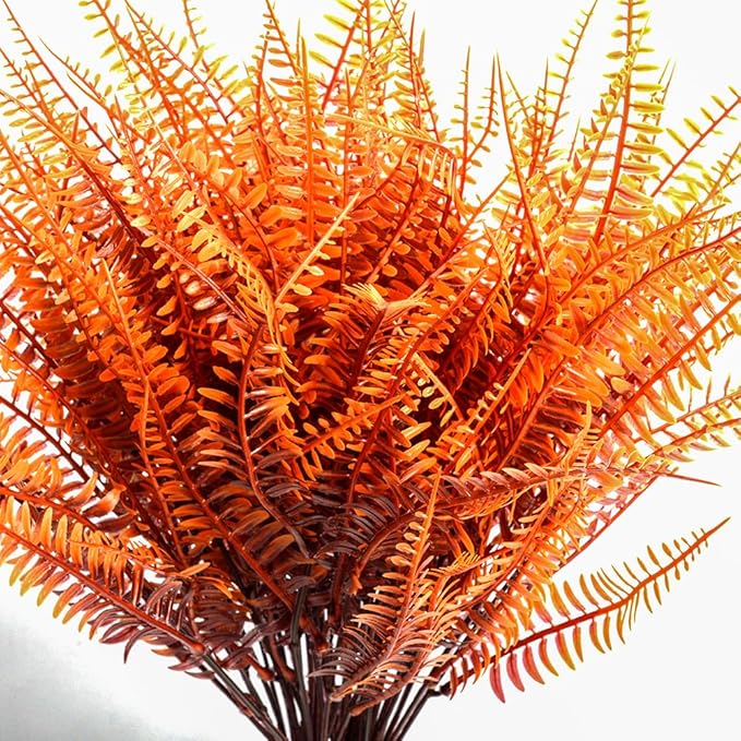 24pcs Outdoor Artificial Plants Fake Boston Fern Plant Artificial Ferns for Outdoor UV Resistant Plastic Plants (24, Red)