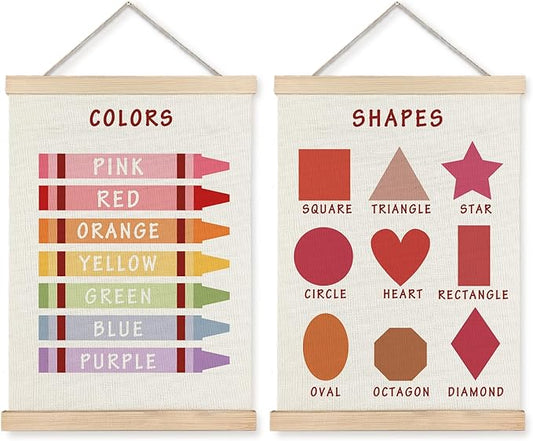 Supwhd Shapes Colors Posters for Classroom Wall, Shapes Colors Learning Poster Hanger Frame Wall Decor for Classroom Nursery Kids Room Playroom Preschool Decor, 12x16 Set of 2（Red）