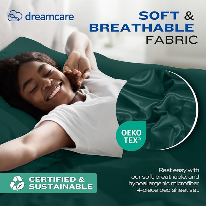 DREAMCARE Twin XL Sheets Set - 4 Pcs Cooling Bed Sheets with Up to 15" Deep Pockets - Soft, Long-Lasting 100% Brushed Polyester with Side Pocket (Emerald Green)