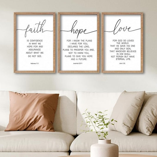 SRSZHIYUE Bible Verse Wall Decor Faith Hope and Love 16''×11'' Set of 3 Catholic Prayer Family Living Room Sign Farmhouse Scripture Quote Christian Minimalist Art Inspirational Wall Hanging (Wood)