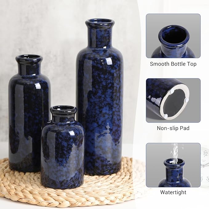 Small Blue Ceramic Vase Set of 3, Boho Modern Flower Vase Room Decor, Farmhouse Decor, Vases for Your Kitchen, Bathroom, Bedroom, Living Room, Office&Shelf Centerpiece Table Decorations