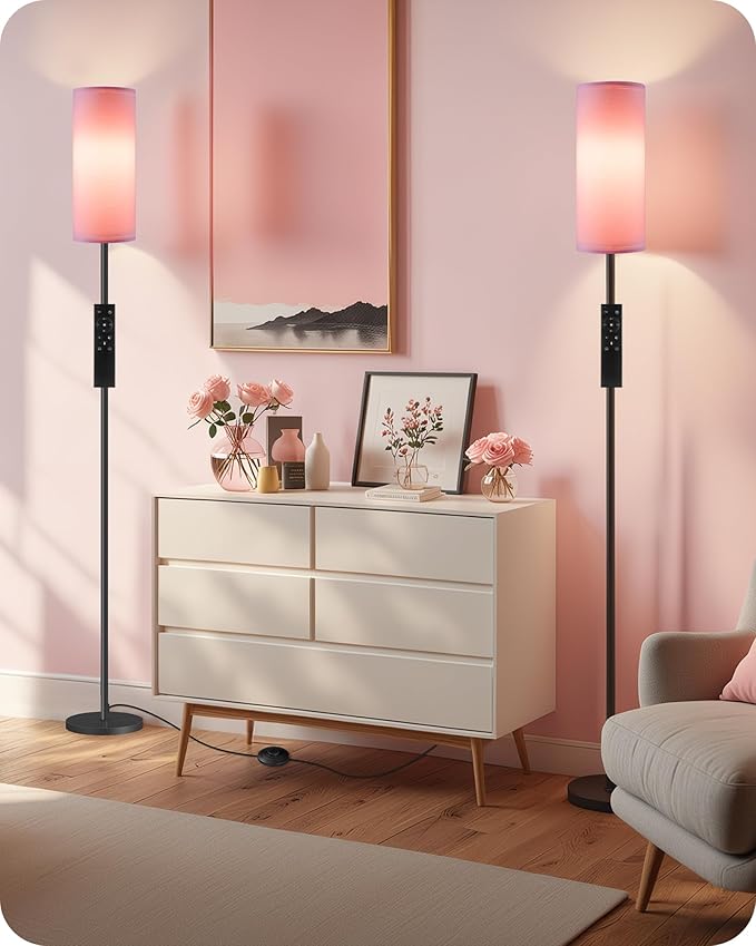 2 Pack Dimmable Pink Floor Lamps for Living Room with 2 Remotes and Foot Switch, Corner Floor Lamp, 64.4'' Standing Tall Lamp, 10W 900LM Bulb Included, 3000K-6500K, Linen Shade, FCC Listed P06LDP205W1