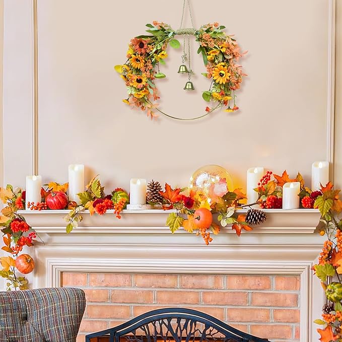 Fall Leaves Wreaths for Front Door Fall Half Wreath with Bell Artificial Falls Sunflowers Wreath with Mixed Leaves, Autumn Hoop Wreaths for Thanksgiving Window Home Wall Farmhouse Outdoor Indoor Décor