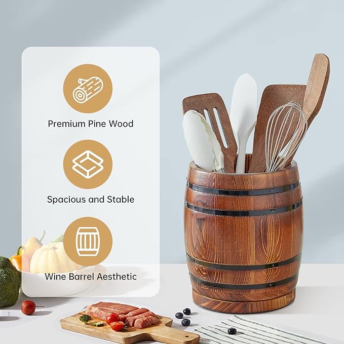 360° Rotating Wooden Utensil Holder, Wine Barrel-Shaped Utensil Crock for Kitchen Counter, Large Capacity Cooking Utensil Organizer & Spoon/Spatula Holder, Rustic Farmhouse Decor & Accessory