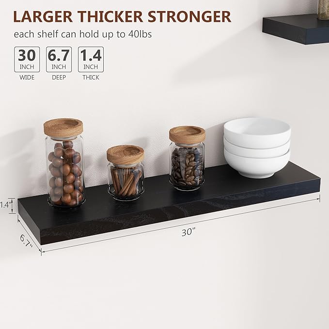 fuqing 30 Inch Floating Shelves for Wall, Black Wood Floating Shelves for Wall Set of 2, 30'' Long Wooden Wall Shelves for Living Room Bedroom Bathroom Home Office - Black