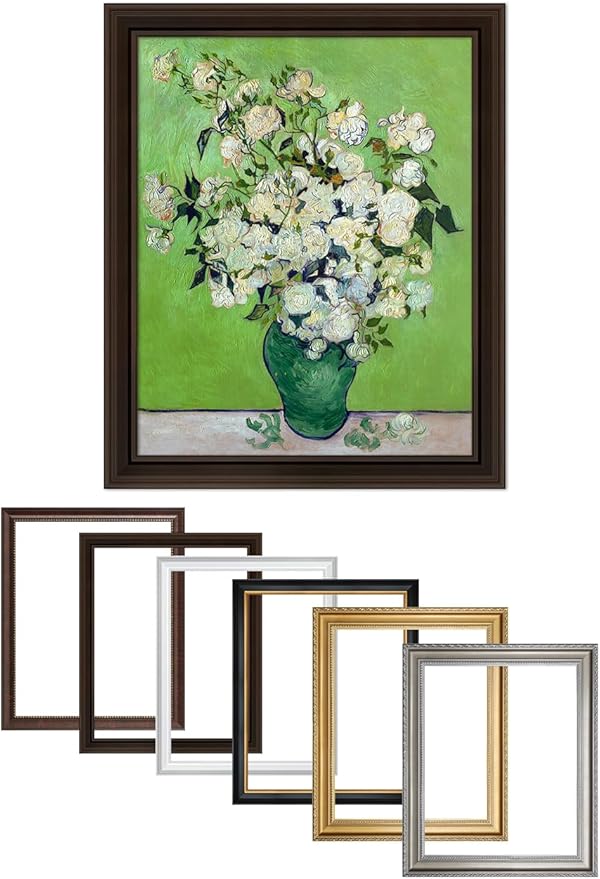 DECORARTS - Pink Roses in a Vase - Vincent Van Gogh Giclee Prints w/Antique Brown Frame for Wall Decor. Picture Size: 16x20, Total Size w/Frame: 19x23