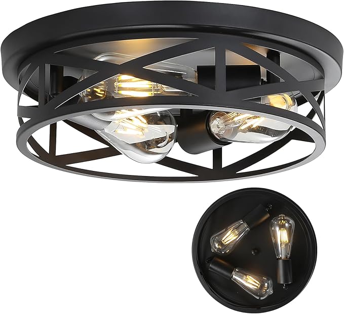 13 inch Black Flush Mount Ceiling Light Fixtures,3-Light Industrial Farmhouse Ceiling Light Fixture，Black Light Fixture Ceiling Mount for Kitchen Bedroom Living Room Hallway 1 Pack