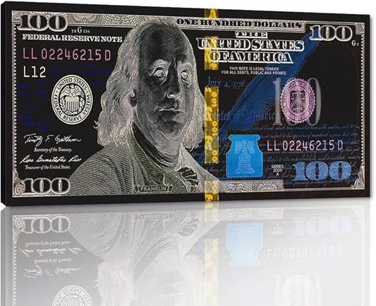 Inspirational Benjamin Franjlin 100 Dollar Money Canvas Wall Art Nordic Western Paintings USD Money Office Artwork HD Print for Guest Room Rest Room Wall Hangings Wooden Framed Ready to Hang-40"Wx20"H