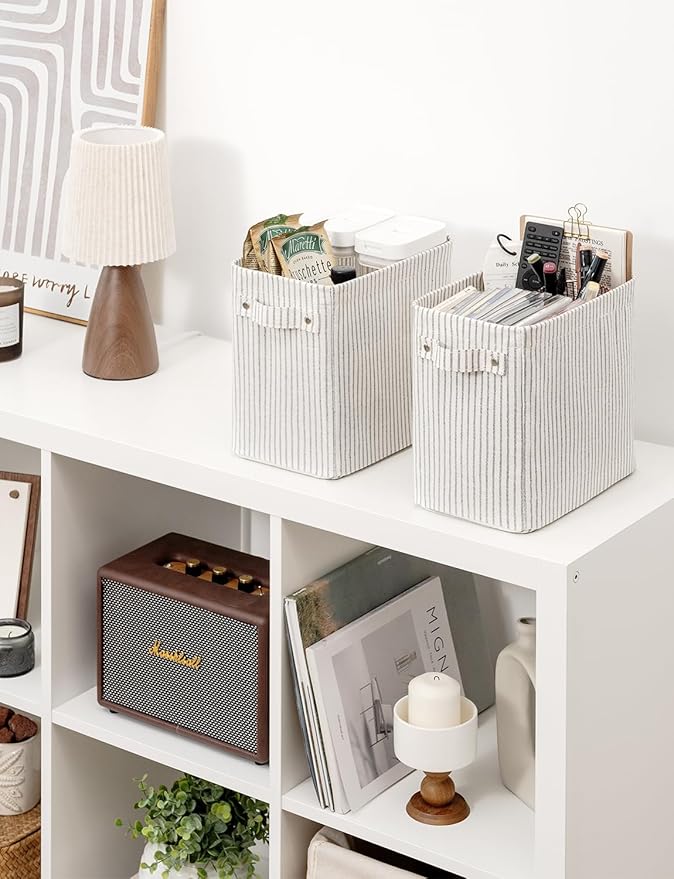 StorageWorks Narrow Storage Bins, Small Basket for Closet and Shelves, Rectangular Fabric Organizer with Handles, Toilet Paper Storage, Khaki and Beige Stripes, 2-Pack