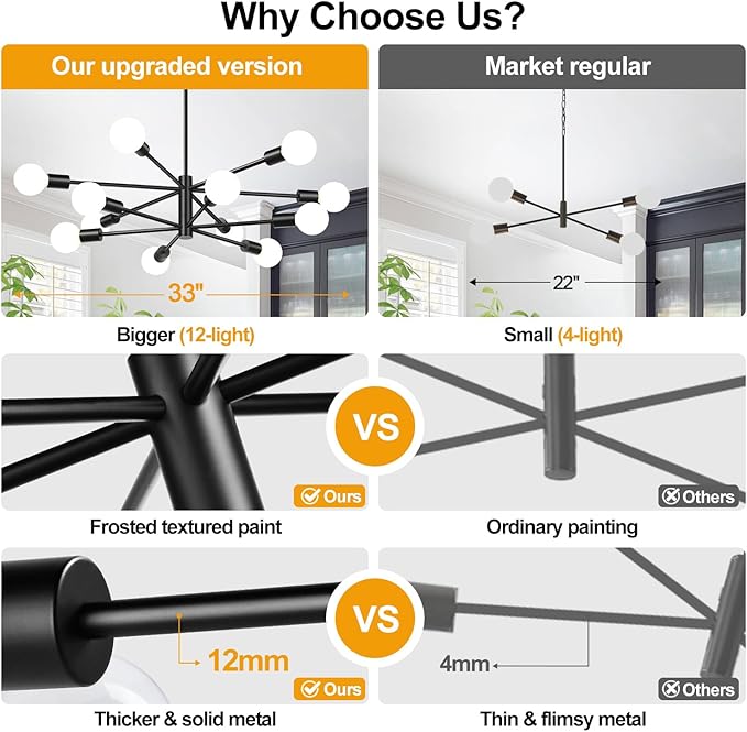 33" Modern Chandelier Ceiling Light Fixture, 12-Light Sputnik Chandeliers Matte Black Mid Century Chandelier Over Table, Height Adjustable Chandeliers for Dining Room Living Room Kitchen Island