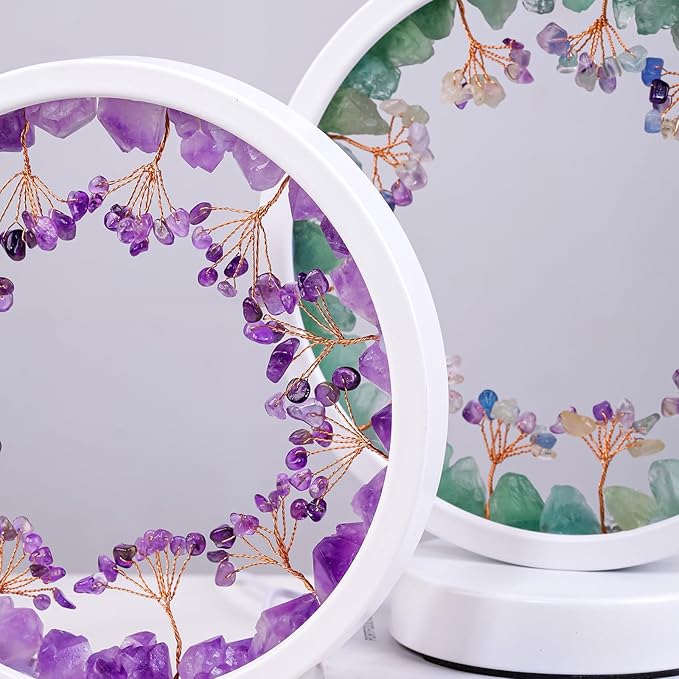 Runyangshi Natural Crystal Green Fluorite Small Tree Round White Frame Tri-Color Ambient Light Home Decoration Night Light Mother's Day Gift