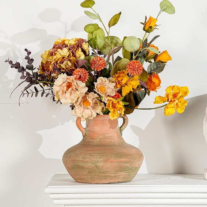 Sungmor Rustic Ceramic Flower Vase with Handles, Decorative Pottery Vase 7 Inch Terracotta Plant Pots, Cement Textured Vases Home Decor, Indoor Fresh Flowers Planter, Dried Flower Arrangements