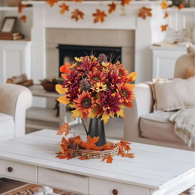 HUAESIN Artificial Fall Flowers Faux Sunflowers Bouquets Fake Peony Silk Dahlia Autumn Silk Floral Arrangements for Home Decor Indoor Living Room Kitchen Table Cemetery Grave Flowers