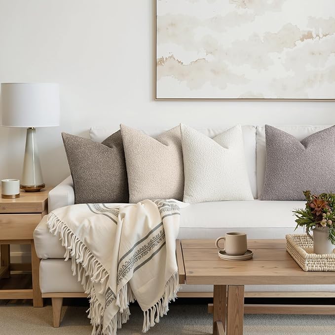 MIULEE Pack of 4 Decorative Textured Boucle Throw Pillow Covers 18x18 Inch Neutral Accent Solid Pillow Cases Soft Couch Cushion Covers for Modern Farmhouse Boho Chair Sofa Bed Livingroom Home Decor