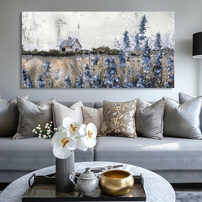 Wall Art Vintage Farmhouse Canvas Print Retro Countryside Flower Field Nature Meadow Landscape Rustic Windmill Barn Picture Framed Artwork for Home Bedroom Living Room Black Purple 48x24in