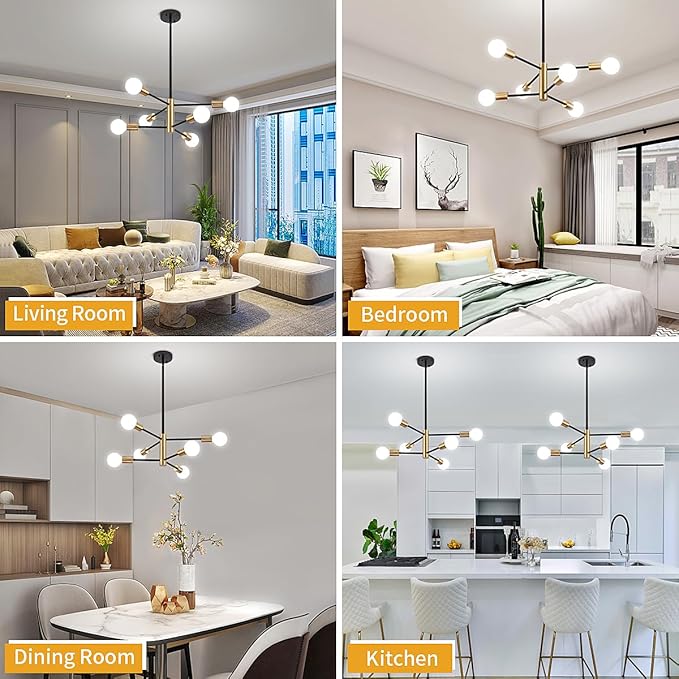Modern Chandelier Sputnik Light Fixtures, Mid Century Chandelier Dining Room Lights, 6-Light Black and Gold Bedroom Ceiling Light Chandeliers for Living Room Kitchen