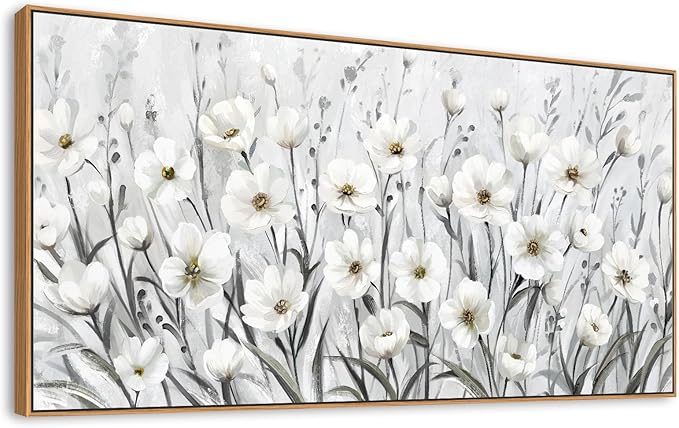 arteWOODS Flowers Framed Wall Art - Grey White Wildflowers Canvas Pictures Wall Decor Botanical Painting Artwork Elegant Floral Prints for Living Room Bedroom Home Decor 58 x 29in Natural Wood Frame