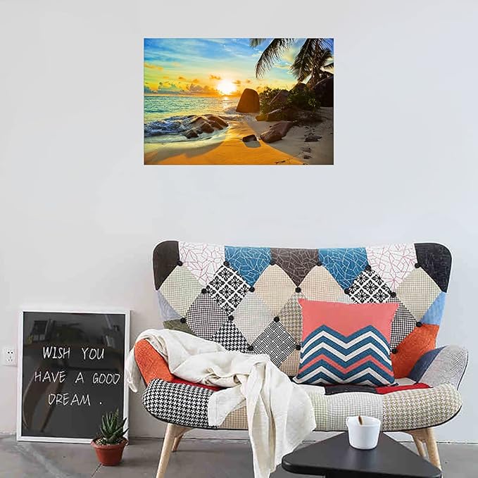 XXMWallArt FC1369 Canvas Wall Art Tropical Beach at Sunset Seascape Picture Paintings Artwork Prints Framed Ready to Hang for Home Office Bedroom Living Room Bathroom Kitchen Wall Decor