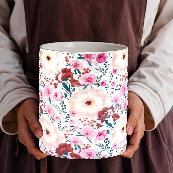 Kitchen Utensil Holder,7.2″Extra Large Stable Pattern Ceramic Utensil Crock,Utensil Organizer for Countertop,Kitchen Decor,Utensil Holder for Housewarming,Wedding Gift (Pink White)