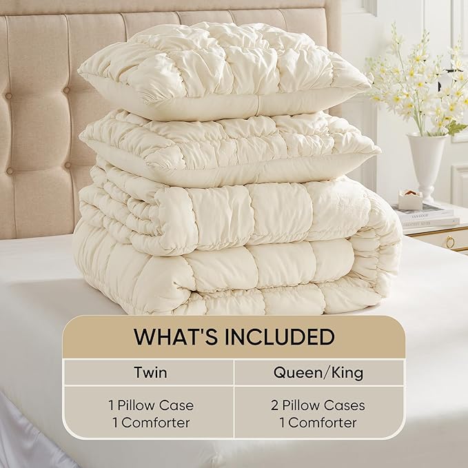 Amelie Home Beige Bubble Comforter Set Twin, 2 Pieces Ultra Soft Cozy Bedding Set for All Seasons, Farmhouse Luxury Gift for Women Home Decor, 68 x 90 inches