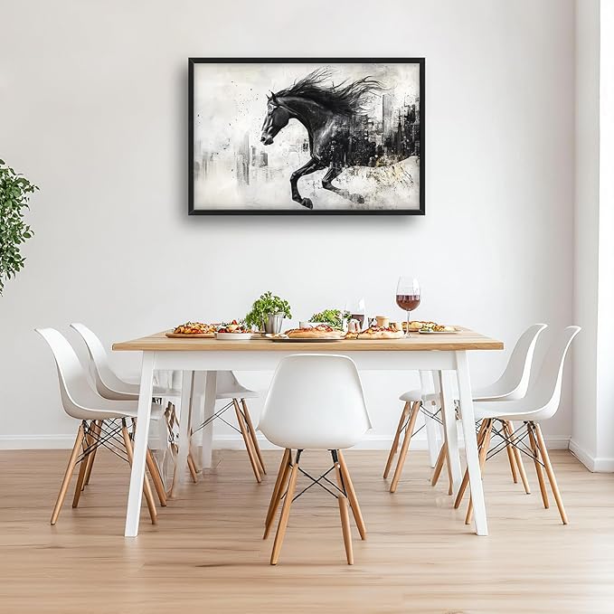 Framed Large Wall Art for Living Room, Black Running Horse Canvas Wall Decor, Large City Picture Framed Painting, Abstract Modern Artwork for Bedroom Office 36L'' × 24W''